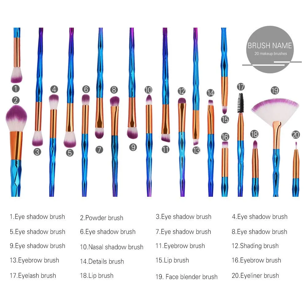 20Pcs Diamond Eyeshadow Eyeliner Blending Makeup Brushes Set 