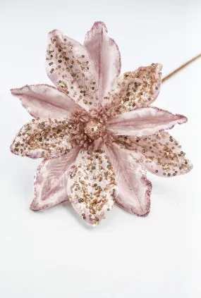 Blush pink, velvet artificial magnolia with sequins