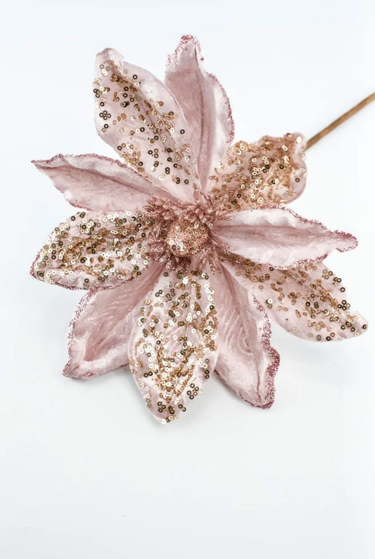 Blush pink, velvet artificial magnolia with sequins