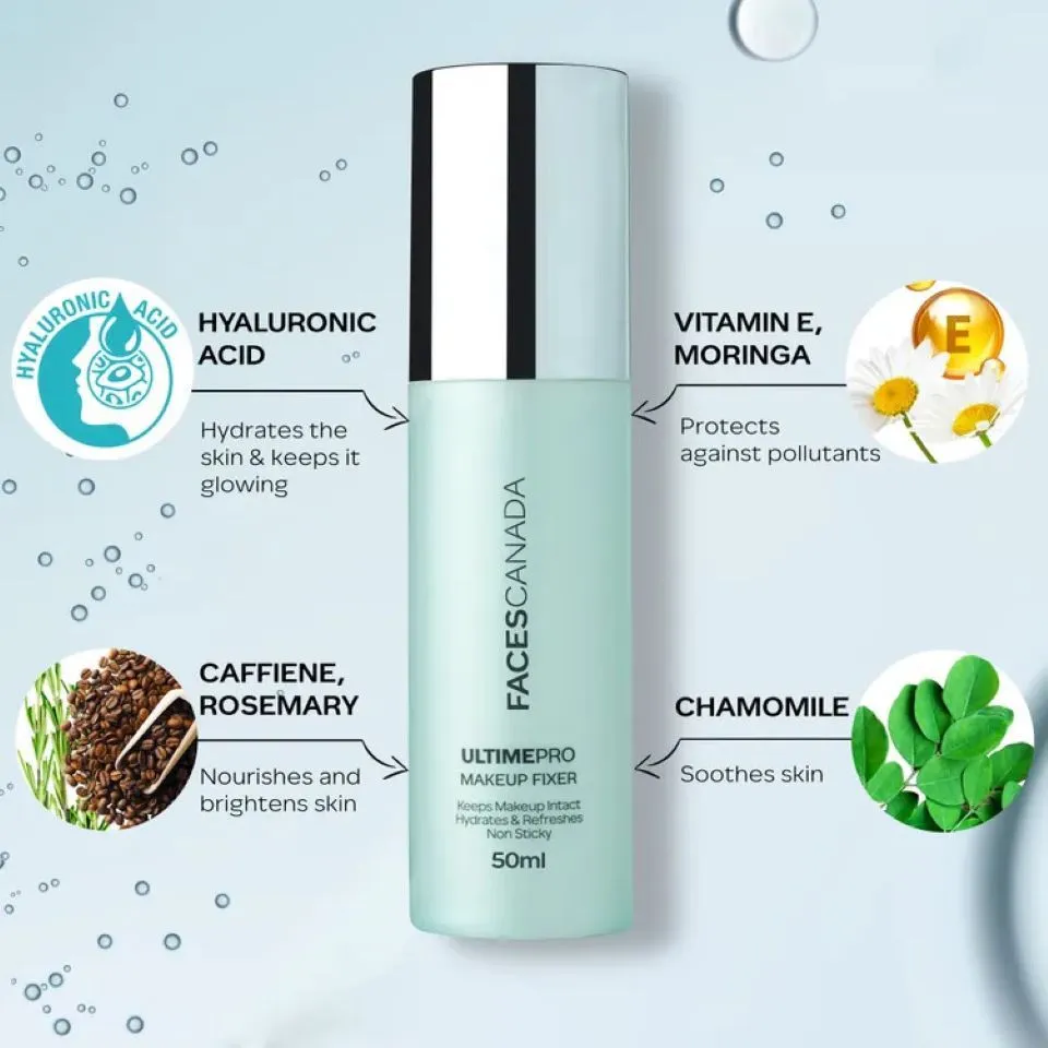 Faces Canada Makeup Fixer | Setting Spray | Keeps Makeup Intact | Chamomile and Hyaluronic Acid Enriched | Hydrates & Refreshes Skin 50ml