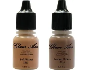 Glam Air Airbrush Makeup Foundations Set Two M13 Soft Walnut and M15 Summer Bronze for Flawless Looking Skin Matte Finish For Normal to Oily Skin (Water Based)0.25oz Bottles