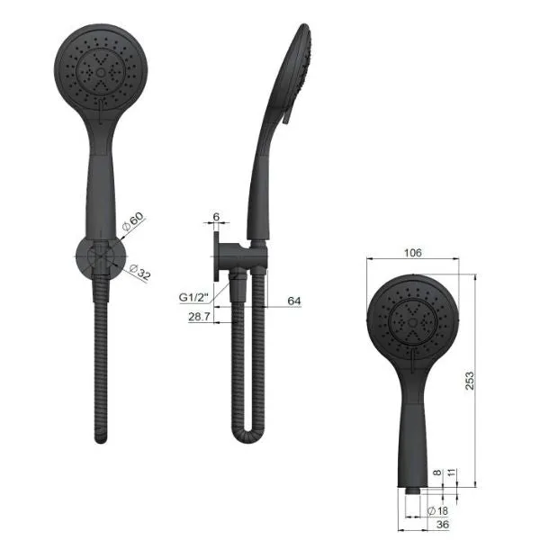 Meir Round 3 Function Hand Shower on Fixed Bracket Matte Black